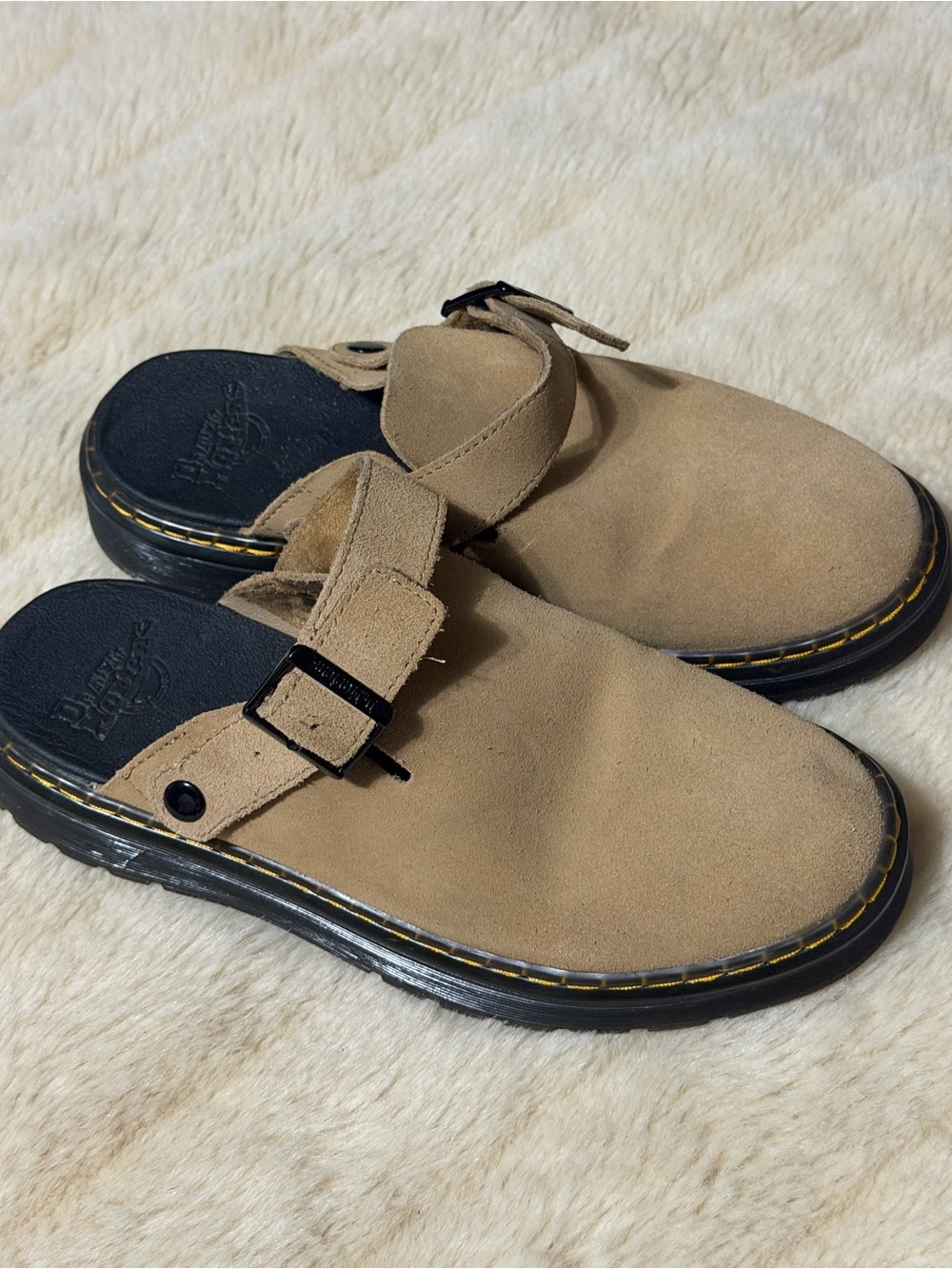Dr. Martens Men’s Tan Suede Slip-On Clog with Buckle